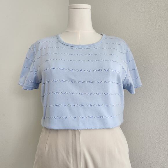 Y2K Eddie Bauer Pastel Blue Floral Embroidered Short Sleeve Cotton T-Shirt L - Picture 1 of 10